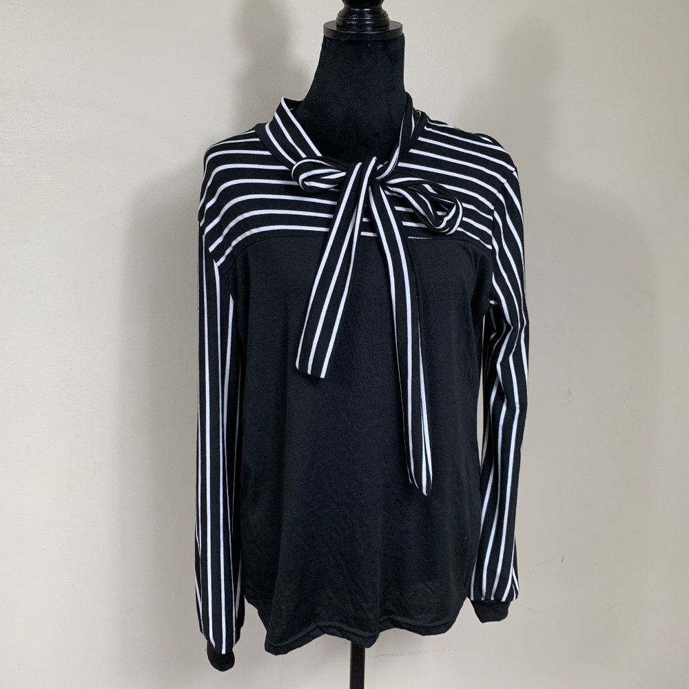 Black white striped sailor tie blouse plus size